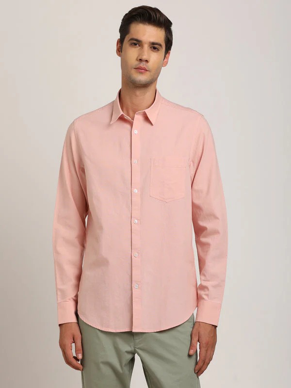 Indian Terrain Men's Regular Fit Full Sleeve Solid Pink Shirt